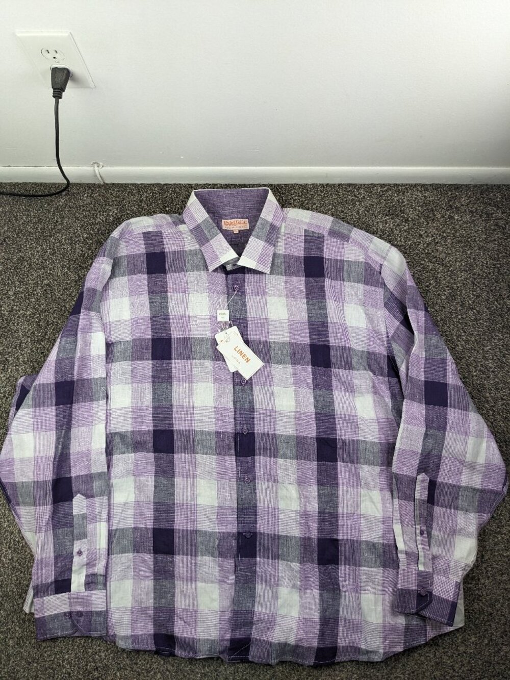 NWT Inserch Italy Shirt 100% Linen Plaid Long Sleeve Button Purple Mens 6XL